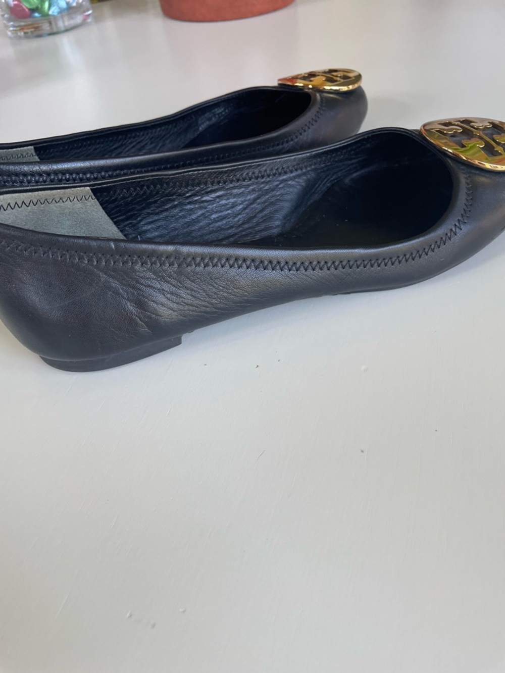 Tory Burch Black Leather Ballet Flats with Gold Logo Medallion - Picture 12 of 13